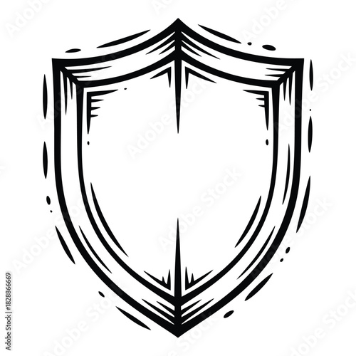 Black and white woodcut style shield icon, simple medieval crest outline isolated on white background