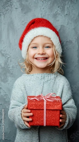 Young girl holds gift smiling wearing santa hat on gray background