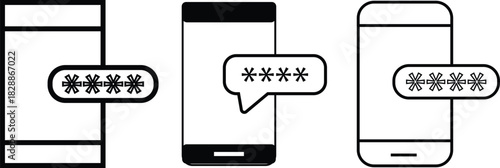 OTP icon set. Mobile phone with password sign. Mobile security token symbols. Mobile phone password graphic design
