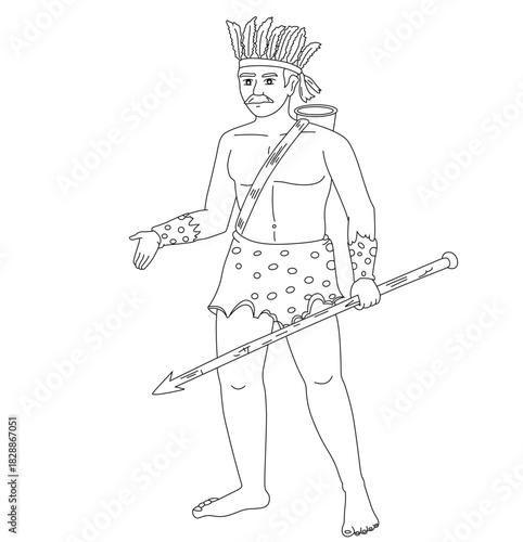 Cute cartoon hand drawn vector ancient man wearing lion skin outline.
