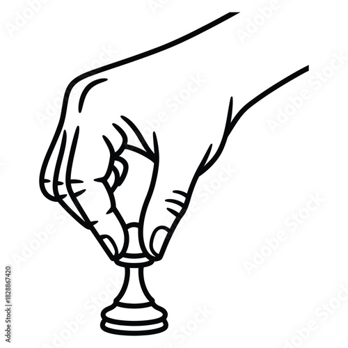 Line art illustration of a hand holding and moving a white chess pawn piece, isolated on white background