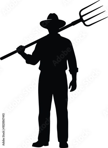Black vector silhouette of a male farmer wearing a hat and holding a pitchfork on his shoulder while standing on a white background.