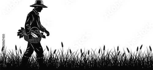 Farmer silhouette walking through a grassy field, carrying a basket full of harvested organic vegetables and roots, vector illustration.