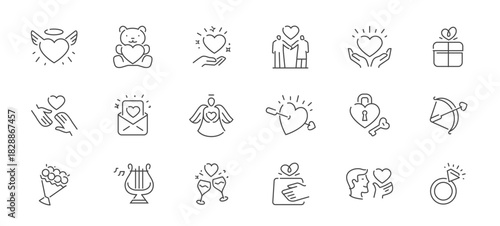 Valentine day simple line icons vector set. Love concept. Heart, romance symbols