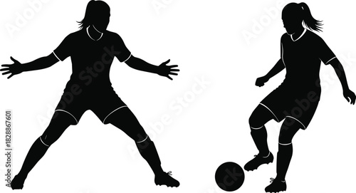 Female soccer player silhouettes, goalkeeper blocking and field player dribbling ball, vector illustration set of women football athletes isolated on white background