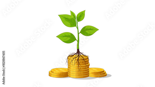 Green plant growing from stack of gold coins, symbolizing financial growth and investment