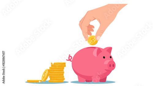 Hand dropping coin into piggy bank, building savings with golden coins