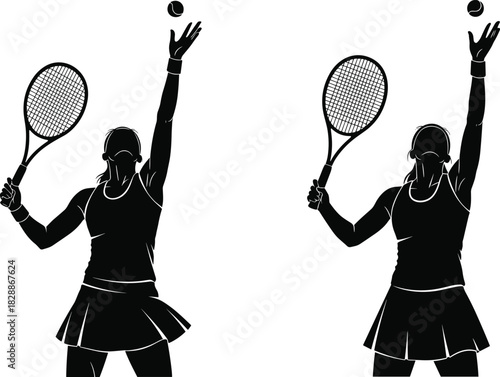 Female tennis player silhouette serving the ball, woman athlete holding racket and tossing ball, vector illustration set isolated on white background for sports