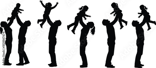 Five separate silhouette scenes of parents lifting and playing joyfully with their young baby and daughter, vector illustration set for family bonding, parenting, and happy childhood content.