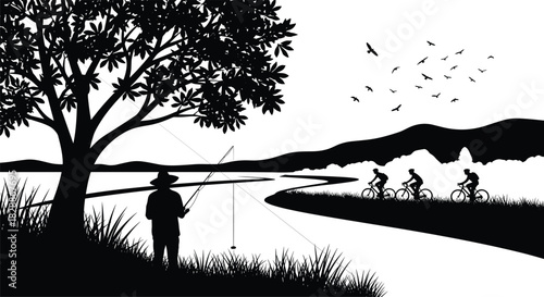 Fisherman silhouette relaxing by a river under a large tree while cyclists ride along the distant bank in a mountain landscape, vector illustration.