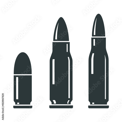 Three dark grey bullet icons on white background ammunition cartridge