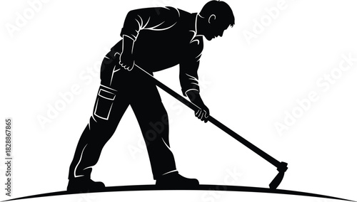 Gardener or Farmer Working with Hoe Silhouette Vector Illustration, Man Digging Soil on Ground Graphic, Manual Labor Agriculture Theme, Black and White Tillage Design