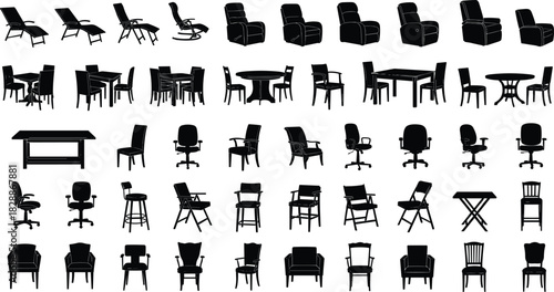 Furniture silhouette vector set, variety of chairs tables and armchairs collection, office and home interior design elements, black isolated icons on white