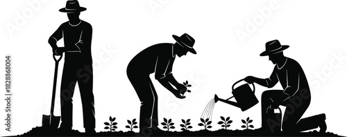 Gardening process, man planting seedlings, digging with a shovel, and watering plants, silhouette vector illustration for agriculture, horticulture, and growth content.