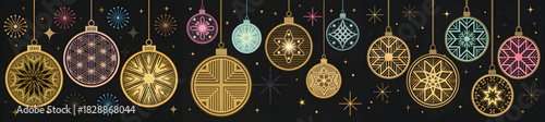 Ornate christmas ornaments hanging against a black background with starbursts and stars scattered around