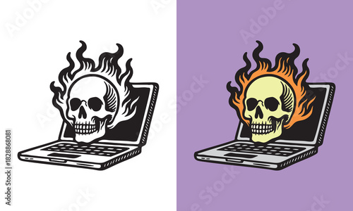 Flaming skull emerging from a laptop screen, bold illustrative style with dramatic fiery details.