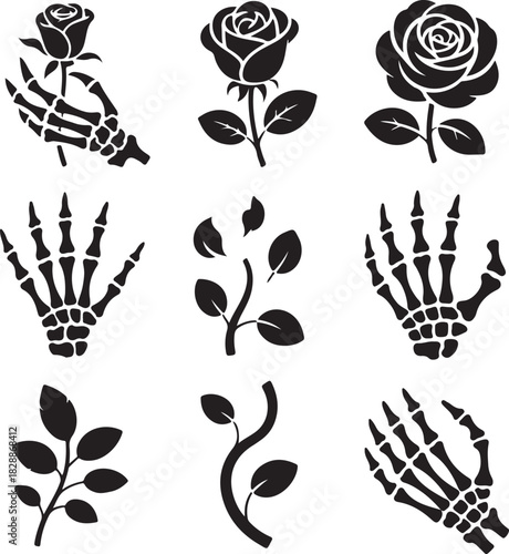 Collection of black vector botanical illustrations with roses leaves and skeleton hands
