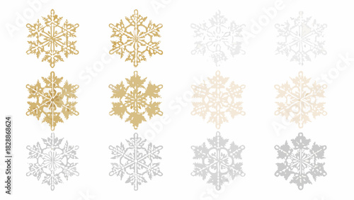 A collection of intricately designed golden and silver snowflakes on white