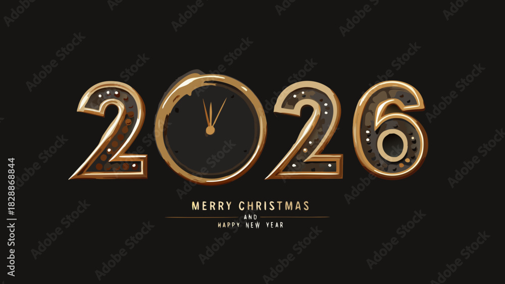 Fototapeta premium Golden 2026 new year clock with christmas greetings on black background