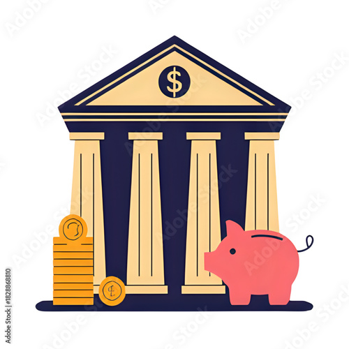 Secure Savings Bank Building, Piggy Bank, and Stacked Coins for Financial Stability