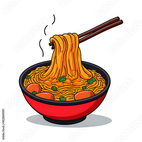 Delicious Ramen Bowl with Chopsticks Lifting Noodles, Aromatic Asian Cuisine