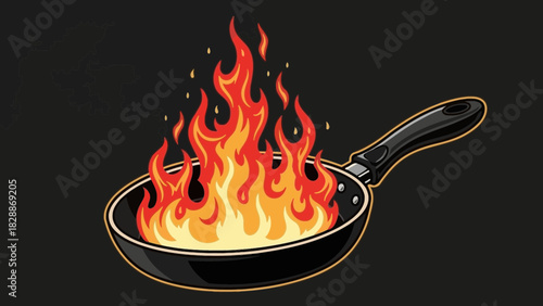 Frying Pan on Fire Illustration – Kitchen Cooking Flame Accident Hazard Concept