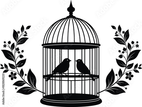 Black silhouette of two love birds sitting inside a classic domed birdcage framed by ornate floral laurel branches, symbolizing romance, vintage elegance, love, marriage, and nature vector graphic 
