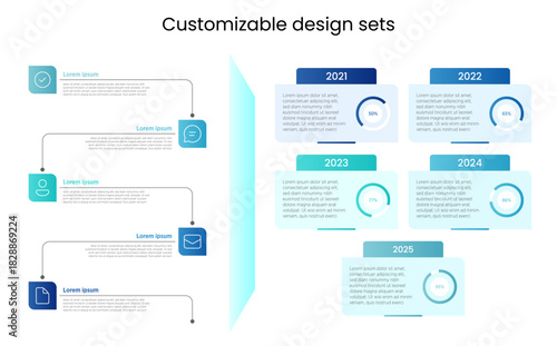 A straight line showing key events in order. Each event has a short label and icon. The design is clean and easy to follow, moving from left to right. Useful for showing project steps, company history