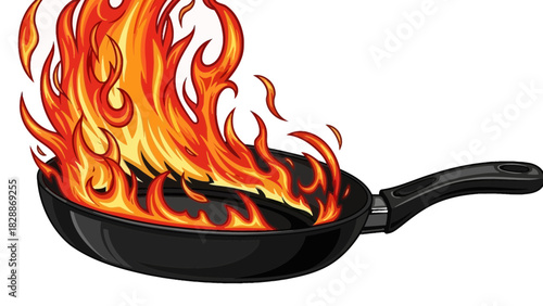 Frying Pan on Fire Illustration – Kitchen Cooking Flame Accident Hazard Concept