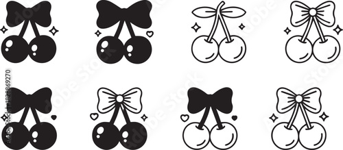 Set of cute cherries with bow ribbon. Doodle border with sweet summer fruits and stars, glitter, twinkle, bling. Coquette feminine Italian style hand drawn vector illustration.