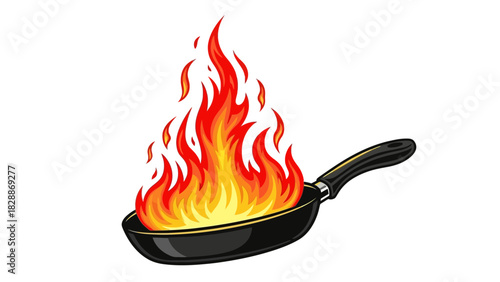 Frying Pan on Fire Illustration – Kitchen Cooking Flame Accident Hazard Concept