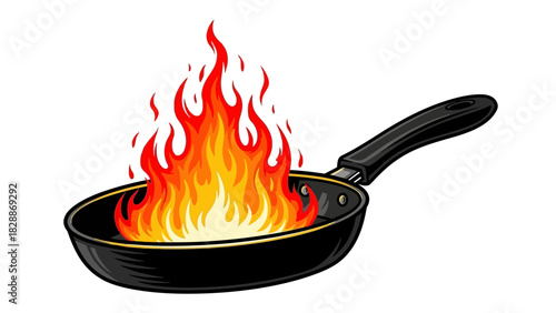 Frying Pan on Fire Illustration – Kitchen Cooking Flame Accident Hazard Concept