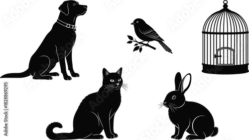 Black silhouette set of common domestic pets, including a dog, cat, rabbit, bird, and birdcage, representing animal companionship, home, care, and veterinary vector icons on white.