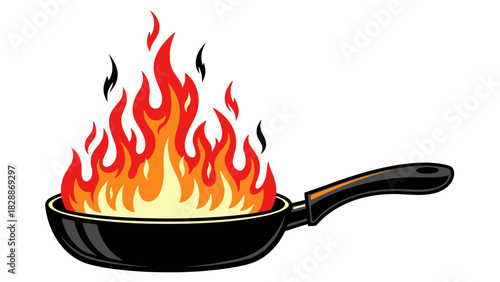 Frying Pan on Fire Illustration – Kitchen Cooking Flame Accident Hazard Concept