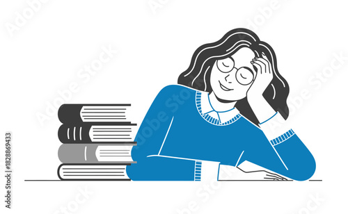 Smiling student leans on stack of books in a cozy study area, enjoying a moment of relaxation and reflection after studying hard, creating a calm and studious atmosphere.