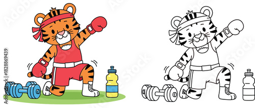 Cute cartoon tiger boxer doing exercises with dumbbells and water bottle, coloring book page for kids, split colorful and outline vector illustration for children education
