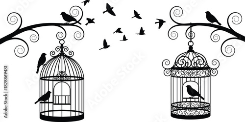 Black silhouette vector graphic featuring two ornate antique birdcages hanging from swirling branches, with perching and flying birds, symbolizing nature, vintage decor, freedom, and elegance on white