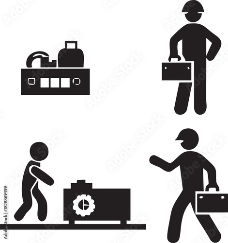 Industrial worker icons set featuring engineer with briefcase, maintenance person checking machine, factory equipment, and service personnel at work.