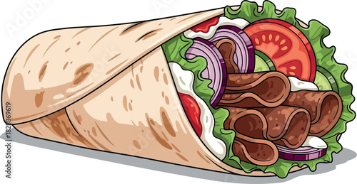 Illustration of a doner wrap with tomatoes, greens, and onions wrapped in lavash bread, isolated on white background