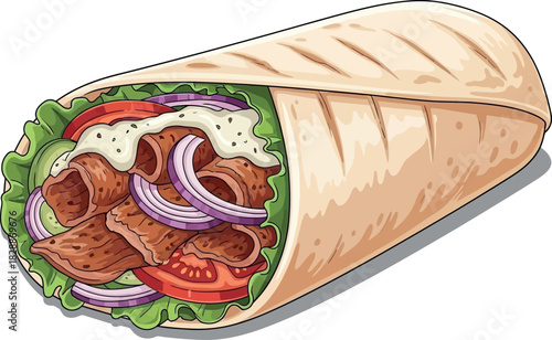 Illustration of a doner wrap with tomatoes, greens, and onions wrapped in lavash bread, isolated on white background