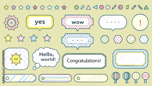 Colorful cartoon stickers and speech bubbles with stars and decorative elements