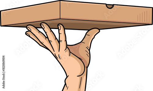 Illustration of a hand holding a pizza box like a tray from below, isolated on white background