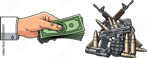 Illustration of a hand paying money for armament, war funding concept, isolated on white background