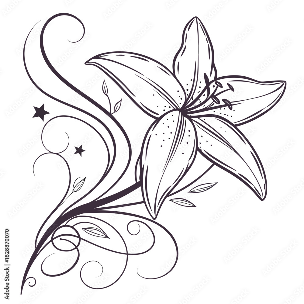 Obraz premium Elegant lily flower with decorative swirls