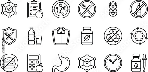 24-Word Title: Health and Nutrition Line Icons Set: Diet, Supplements, Weight Loss, Digestion, Organic Food, Wellness Check, Gluten-Free, Lifestyle, Fitness, Science, Medical, Bottle, Calculator, 