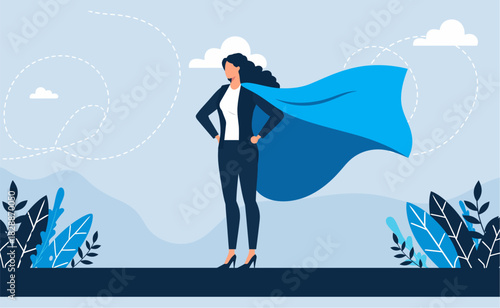 Confident businesswoman stands heroically against a stylized mountain range with a flowing cape, embodying strength and leadership in a modern business landscape.