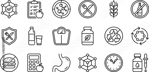 Healthy Lifestyle and Nutrition Icons Collection: Wellness, Diet, Organic Food, Metabolism, Weight Loss, Detox, Gluten-Free, Alcohol Restriction, Vitamins, Recycling, and Digestive Health Line 