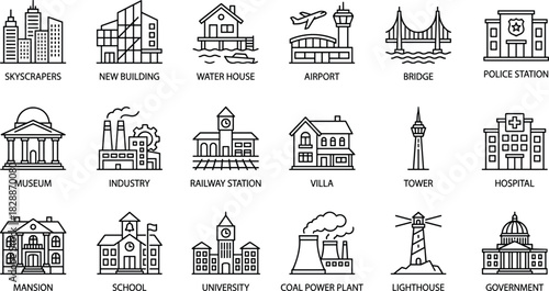 Minimalist Line Icons Set: City Buildings, Architecture, and Infrastructure Vector Collection for Web and App Interface Design, Featuring Skyscraper, Airport, Hospital, and Industrial Structures.