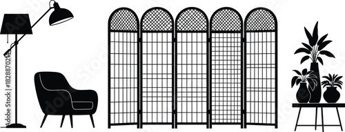 Black silhouette vector illustration of a contemporary interior scene featuring a five-panel decorative screen, armchair, floor lamp, and potted plants, ideal for home decor and styling content.