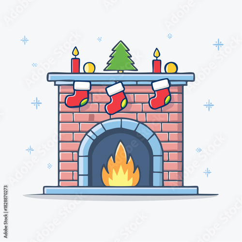 Cute christmas fireplace with stocking merry christmas vector cartoon illustration
